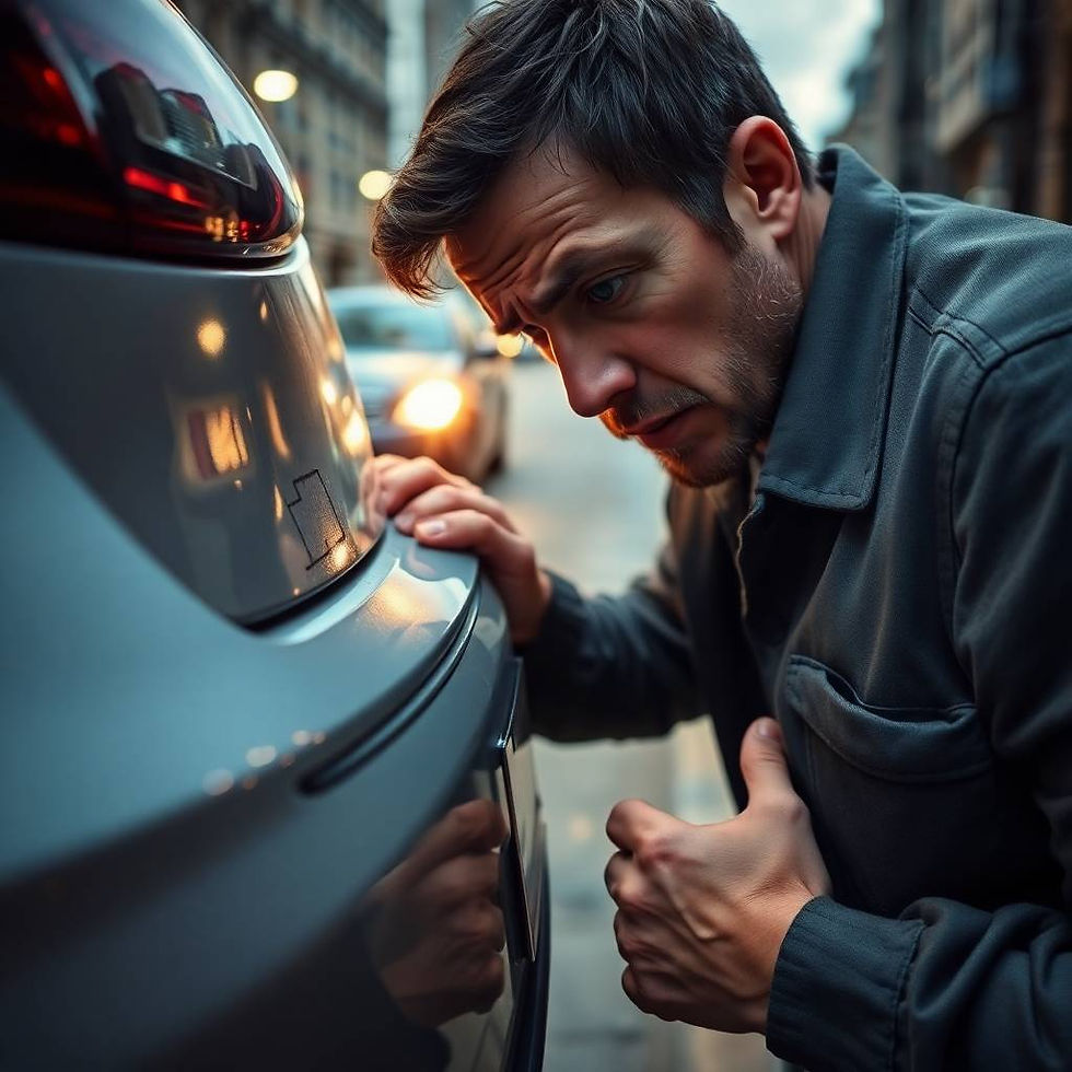 Concerned man inspecting rear bumper scuff in traffic, representing everyday cosmetic vehicle damage Foxhills Body Shop helps fix with minimal hassle.