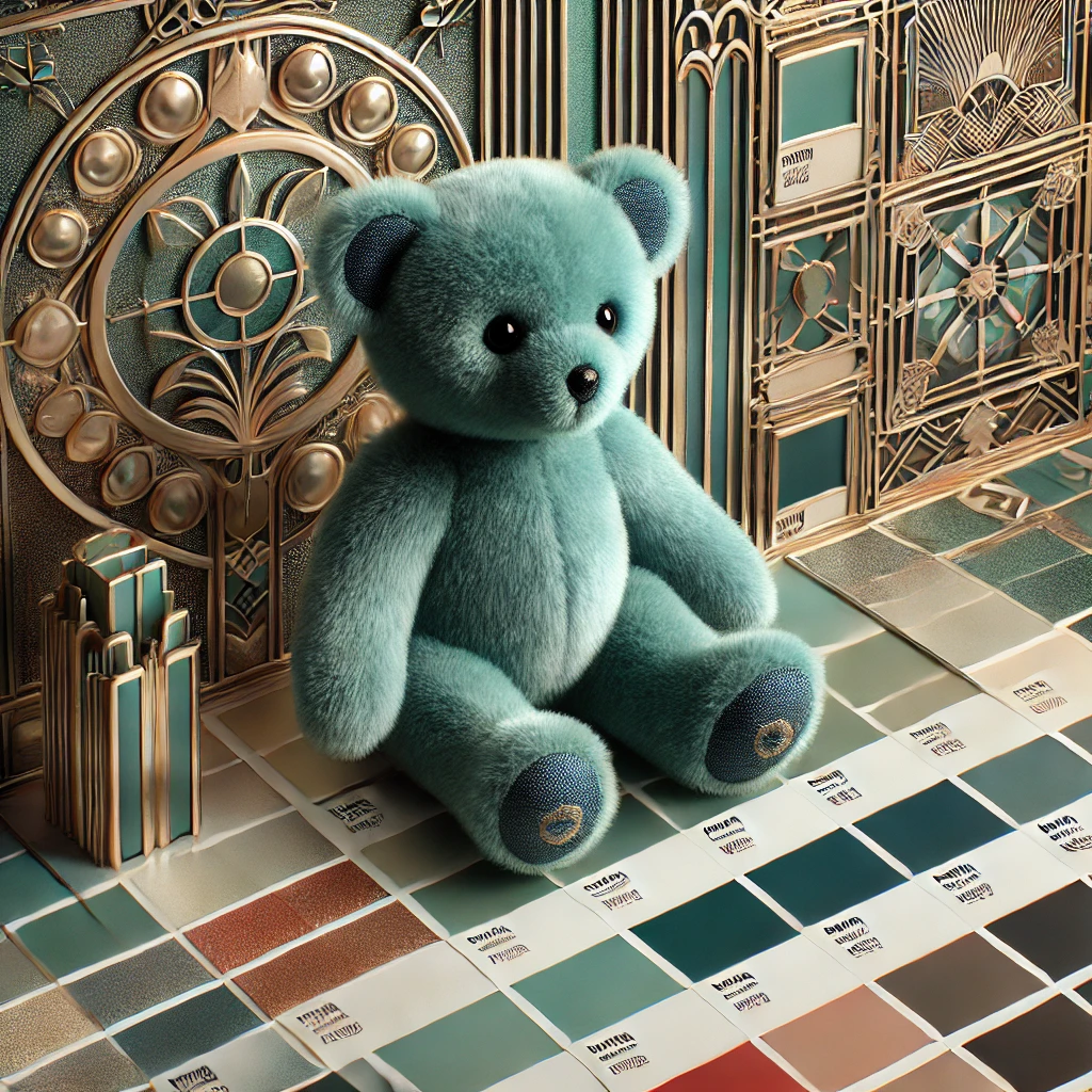 A furry fabric teddy bear in elegant teal tones sitting among Pantone reference charts, adorned with Klimt-inspired swirly patterns and gold accents.
