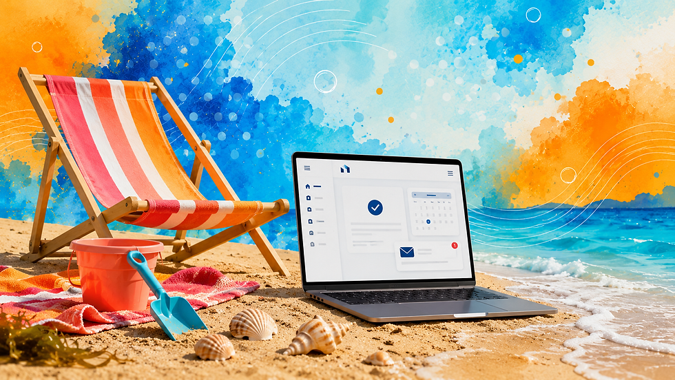 Colourful beach scene with an active laptop receiving an enquiry beside an empty deckchair, showing a website continuing to work during the summer business slowdown.