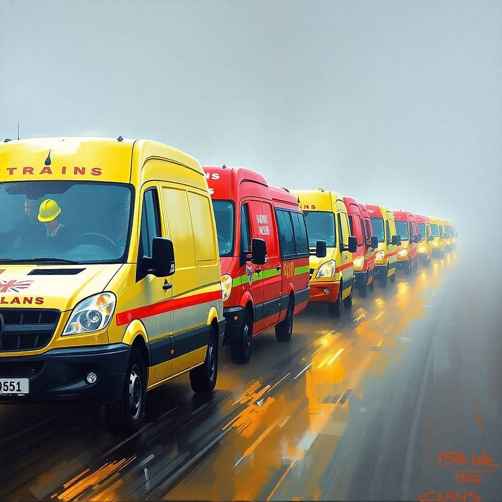 Fleet vans parked in a row on a wet road, illustrating Foxhills Body Shop’s repair services tailored for busy fleet managers and commercial vehicle operators.