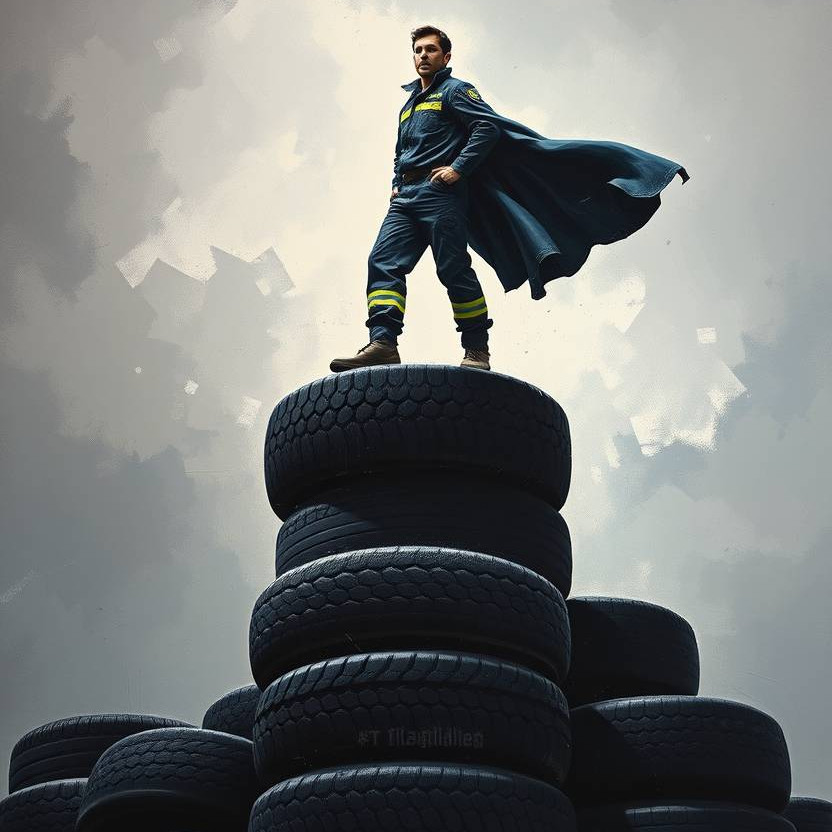 Confident figure standing on stacked tyres, representing PT Tyres’ trusted service and customer support in Scunthorpe.
