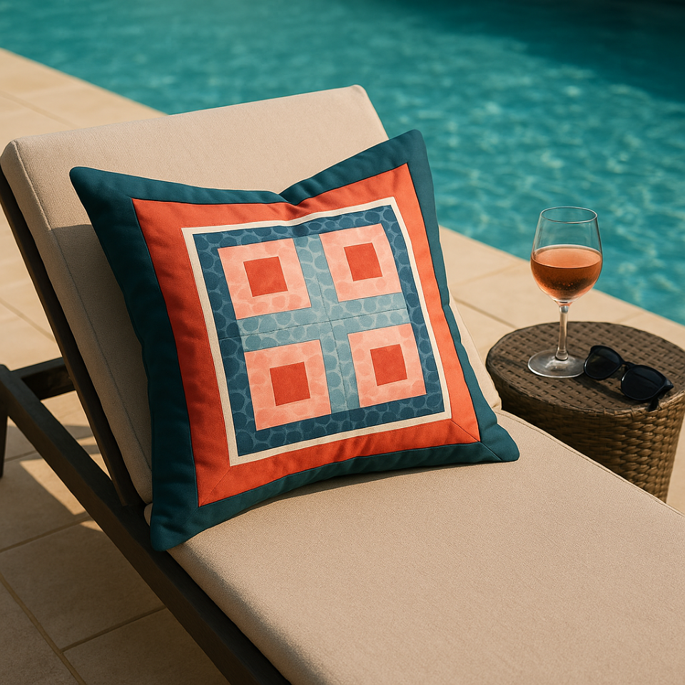 A handmade cushion inspired by the Camargue Sunset colour palette, featuring coral, teal, and soft blue geometric blocks, resting on a sun lounger beside a swimming pool with a glass of rosé and sunglasses nearby.