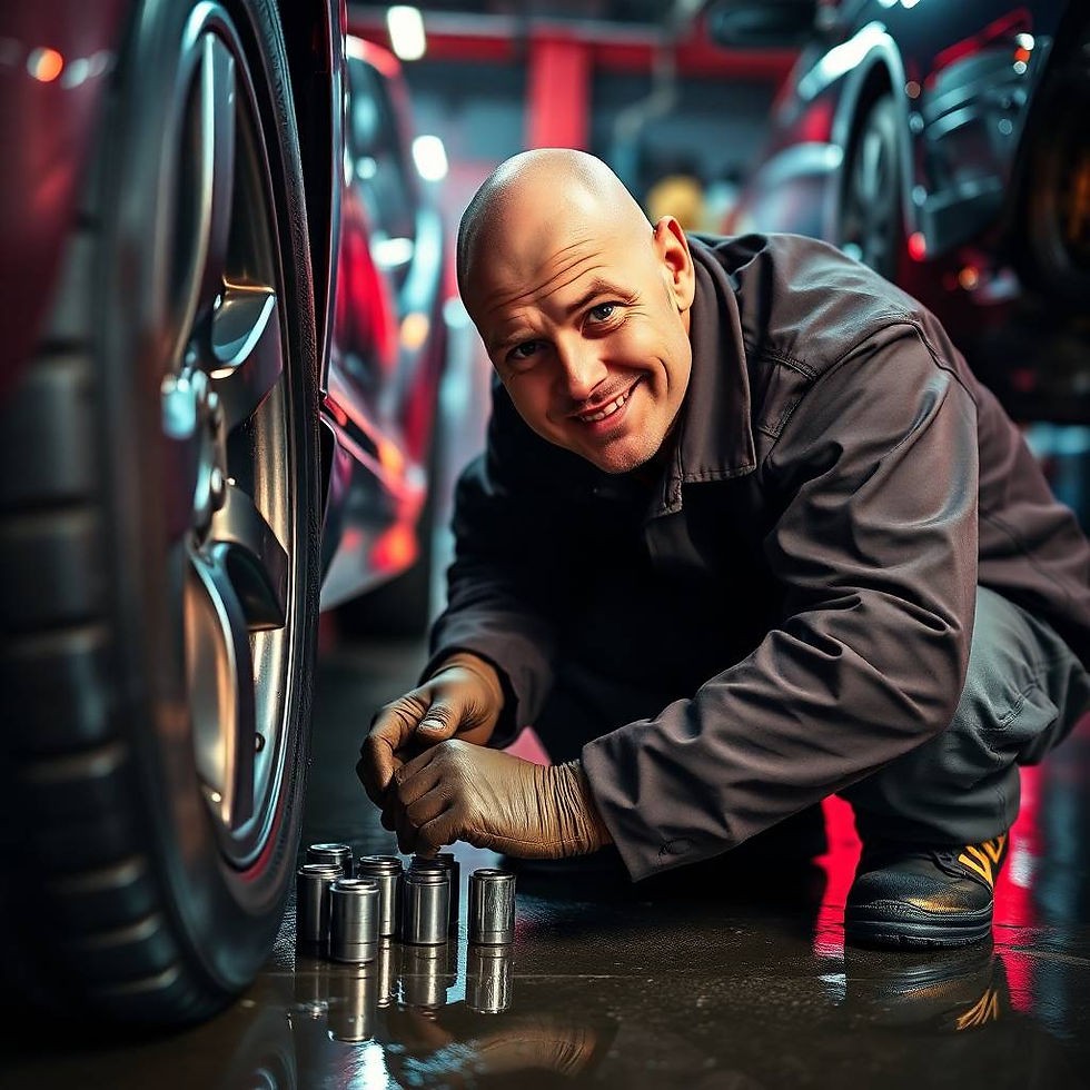 Friendly PT Tyres technician smiling while preparing tools in a depot garage, showcasing expert, no-fuss tyre fitting at the Scunthorpe drive-in service.