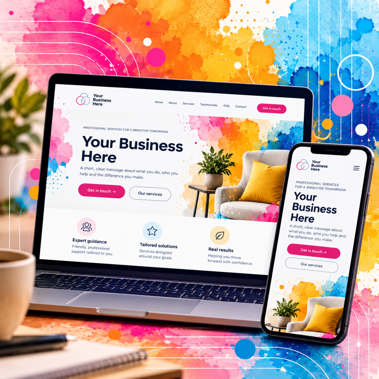 Smartphone displaying a clean small business website with placeholder business branding, illustrating a professional Website in a Day build ready to be adapted to a real business.