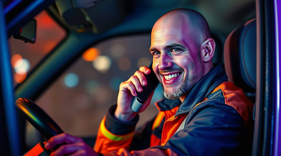 Smiling PT Tyres team member taking a call in a van, showing real human support for Scunthorpe tyre fitting customers.