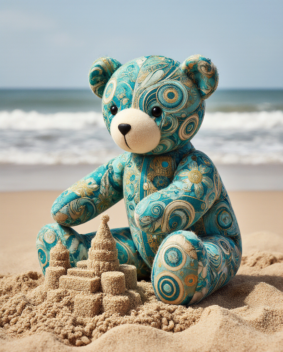 cloth_teddy_in_tealgold_patterns_art_decolkimt_style_is_kneeling_building_a_sandcastle_on_