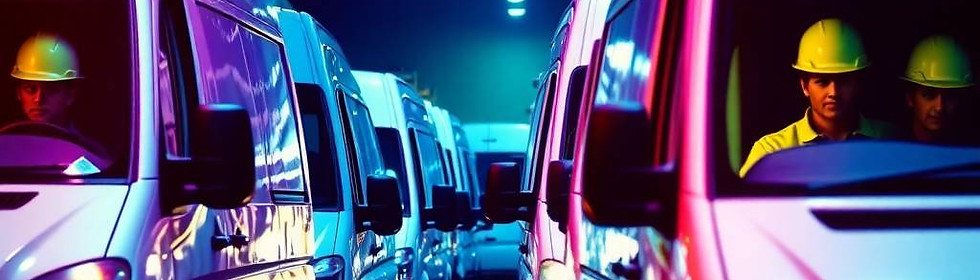 Local technician in high-vis helmet among purple-lit vans, underlining Foxhills’ accessible, community-based fleet repair support.