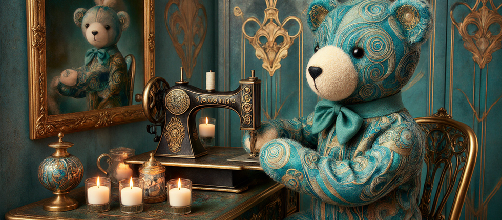 A teal and gold cloth teddy bear sits at an ornate vintage sewing machine surrounded by glowing candles, symbolising the calm and creativity that essential oils for the sewing room can bring.