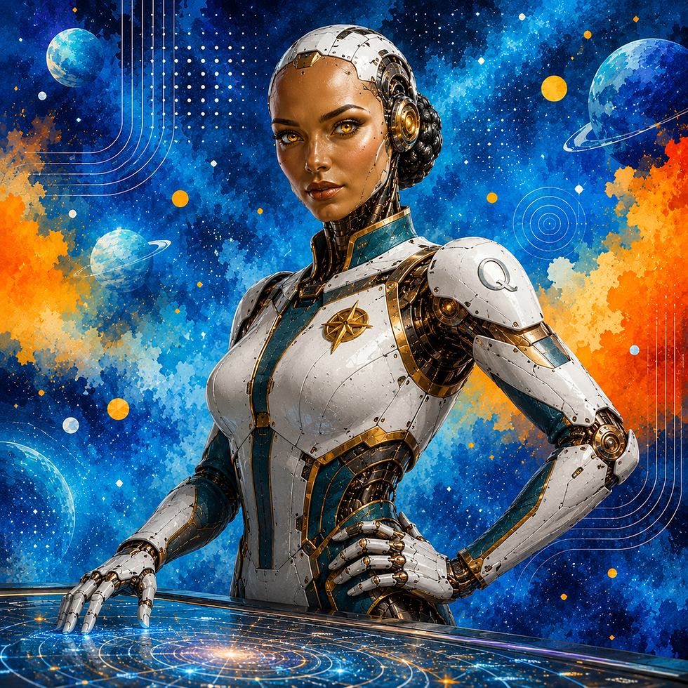 Captain Quirk, a poised sci-fi android captain, charts The AI Adventure guide to ChatGPT advertising in the UK.