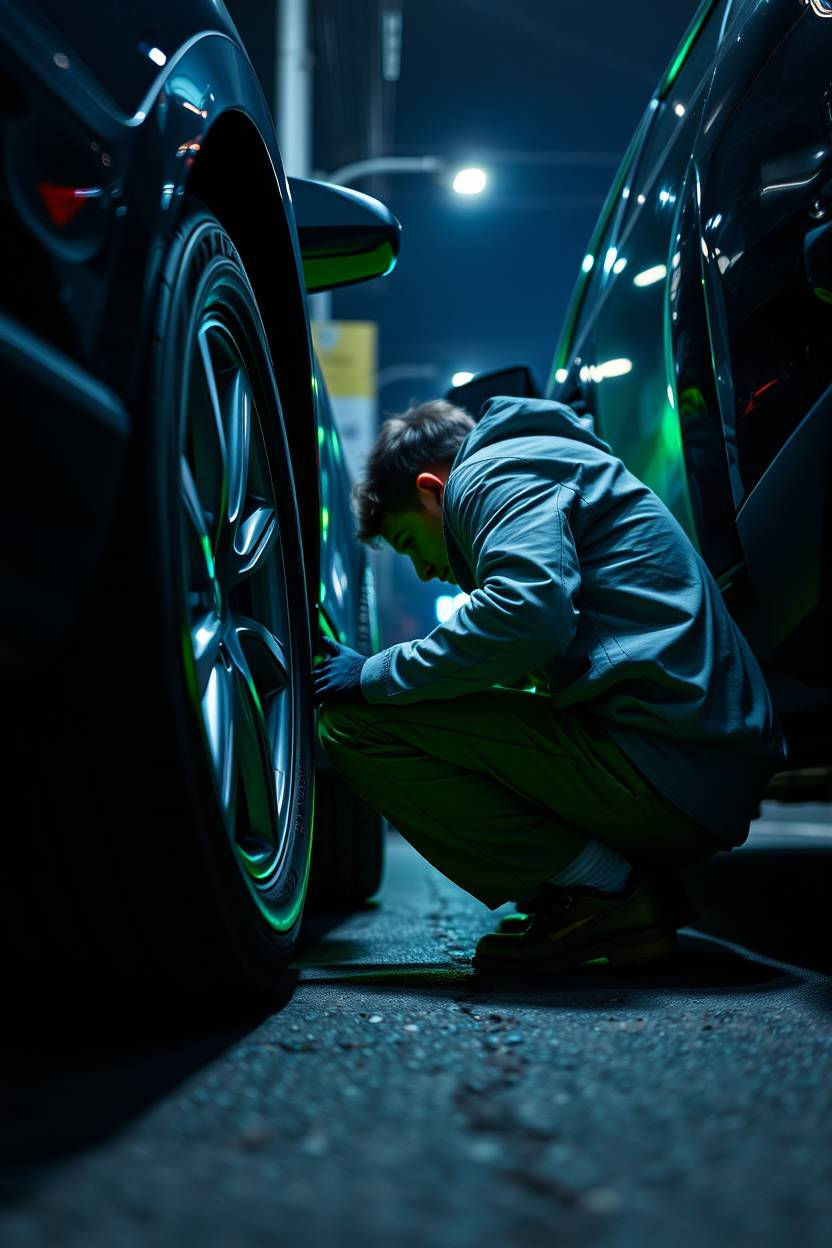 Technician crouched by a car at night, highlighting the importance of regular tyre inspections for safety and performance.