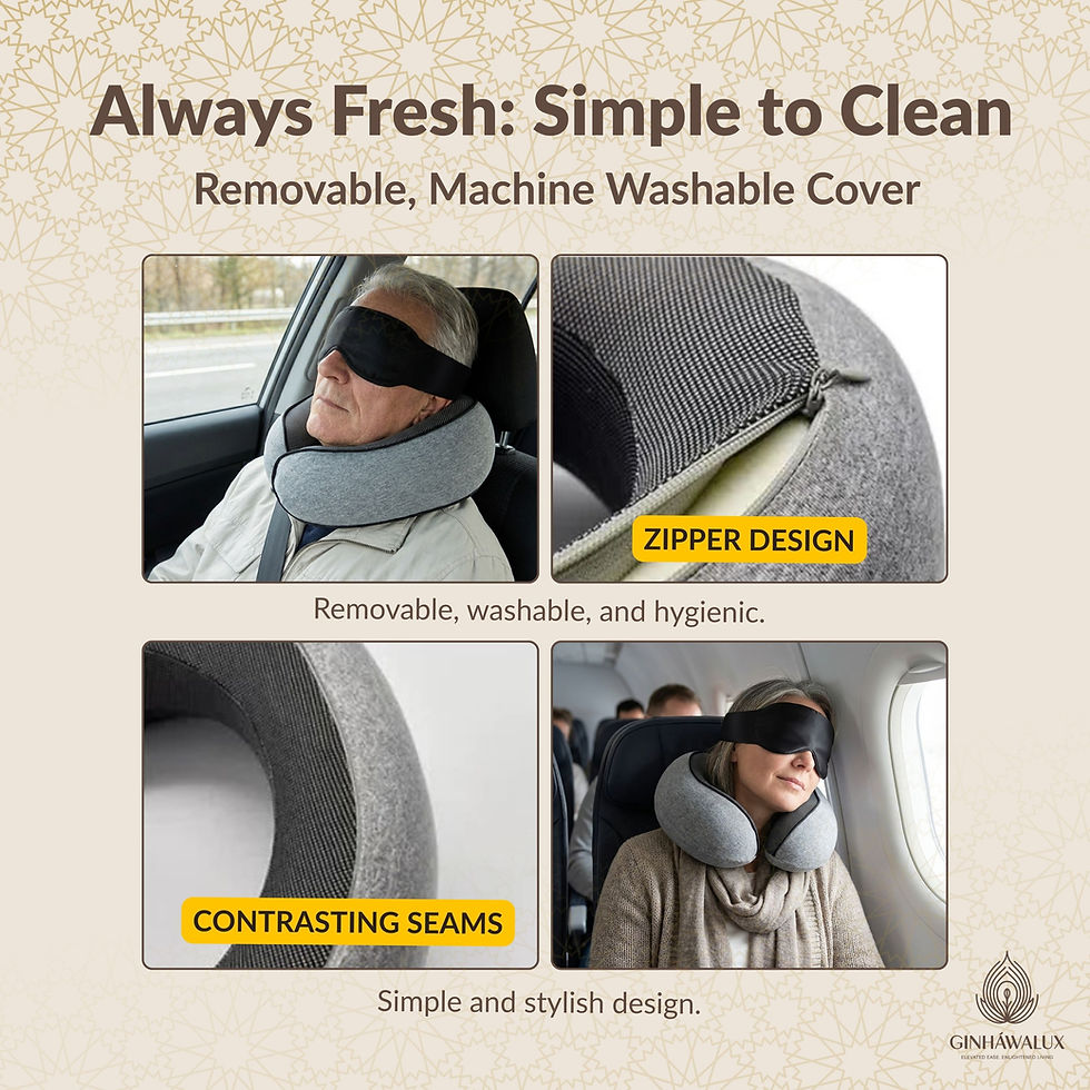Amazon listing image showing removable, machine-washable travel pillow cover with zip and stitched seam details
