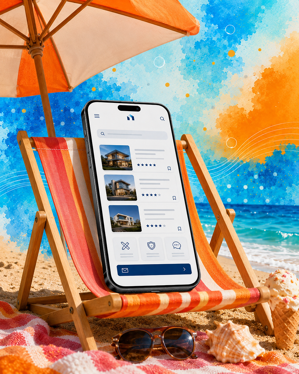 Smartphone displaying local business websites from a beach deckchair, representing customers researching and comparing services during the quieter summer months.