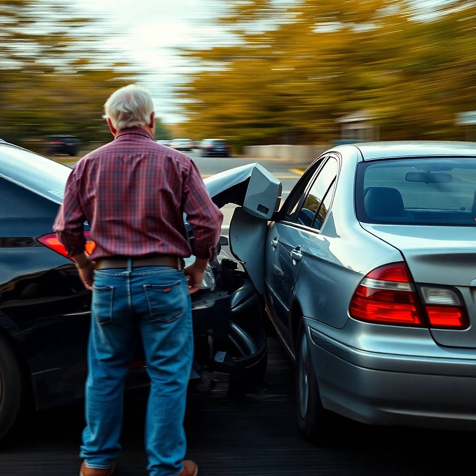 Older man inspecting damage from a low-speed car collision, illustrating how Foxhills Body Shop works with insurers to manage stress-free vehicle repairs in Scunthorpe.