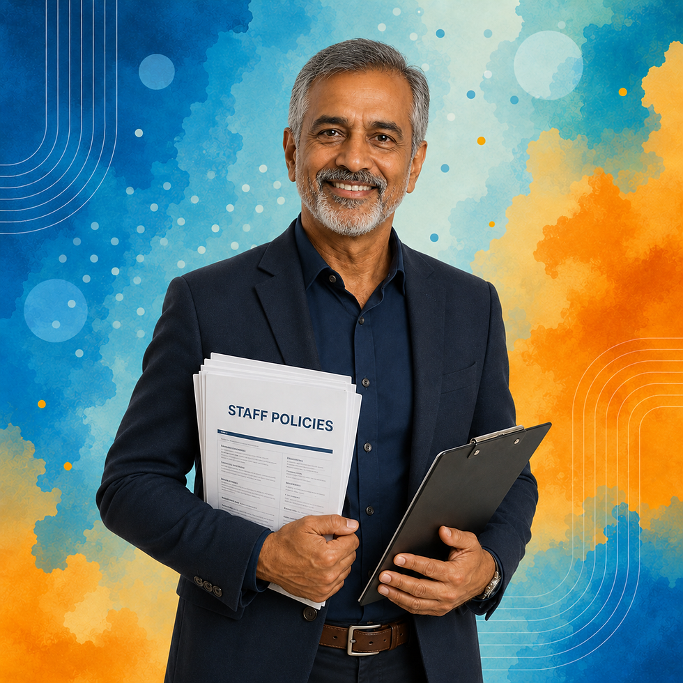 Mature HR consultant holding Staff Policies documents and a clipboard, representing a B2B service business offer for a Prime Day campaign.