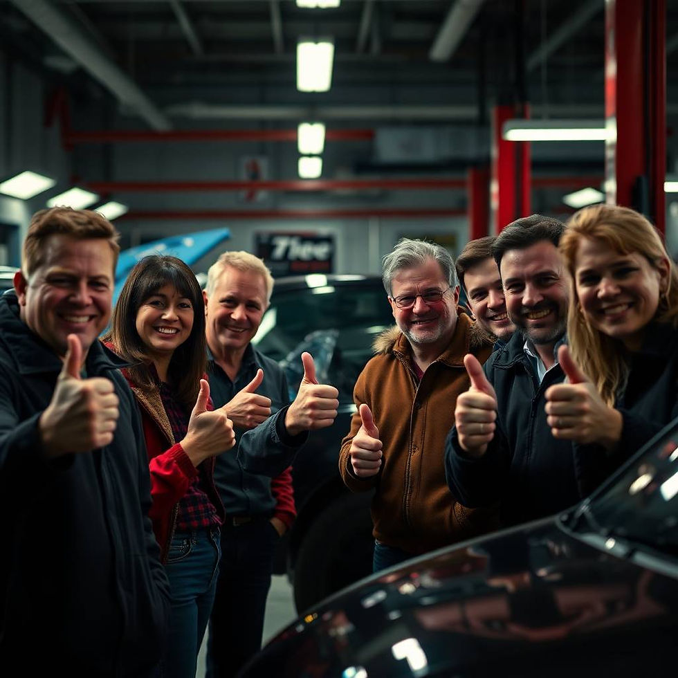 Smiling Foxhills Body Shop team members giving thumbs up in the workshop, reflecting their trusted, word-of-mouth reputation for quality car repairs in Scunthorpe.