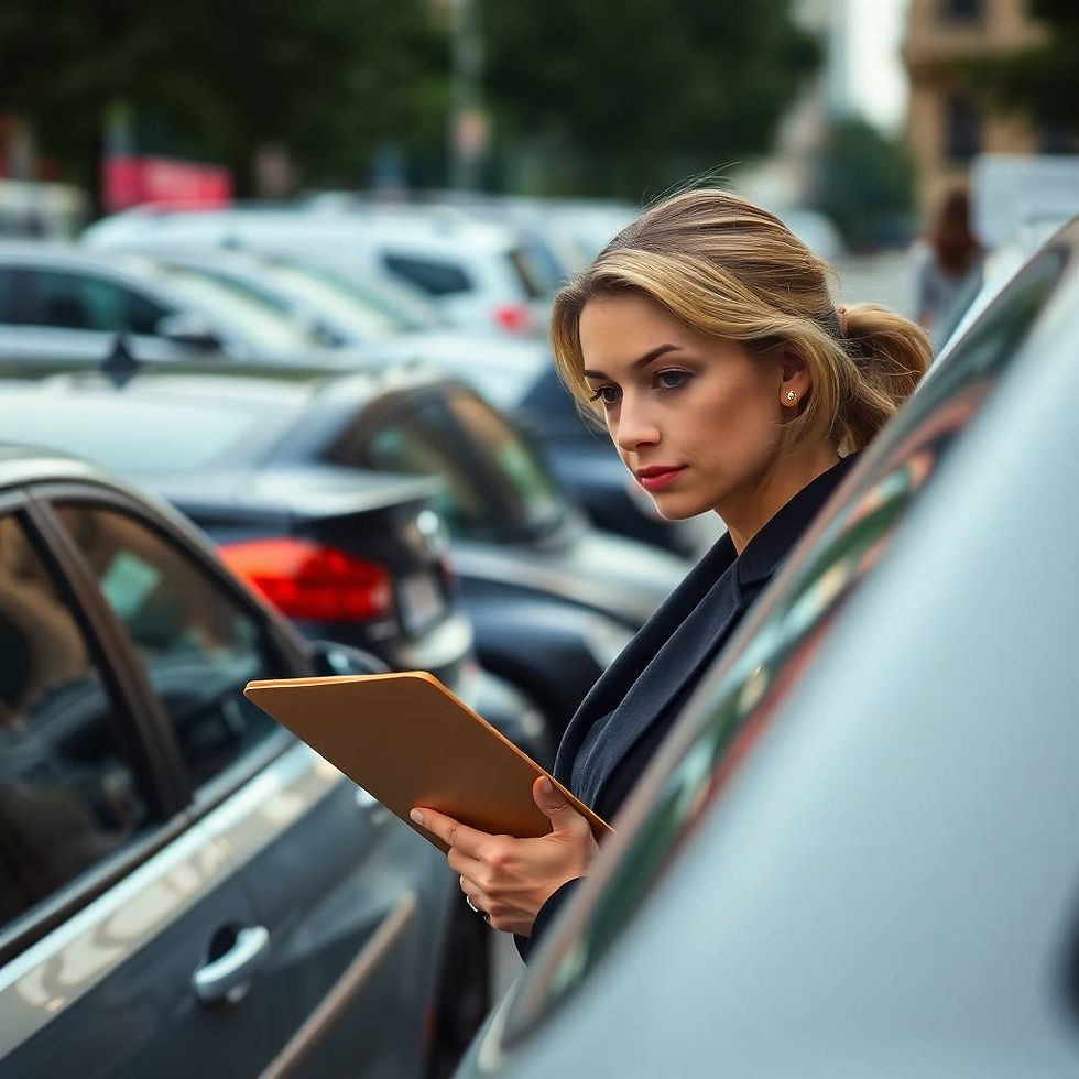 Professional woman reviewing vehicle photos in a car park, symbolizing Foxhills’ easy photo-based quote system for scuff and dent repairs.