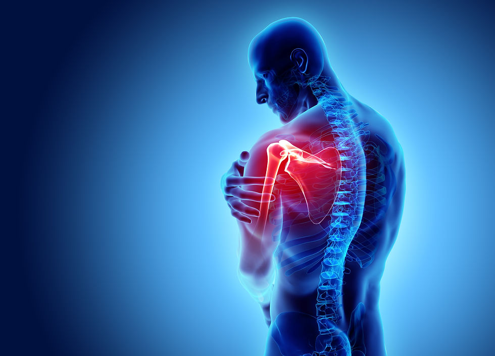 3D medical illustration of a man clutching his shoulder, with red pain highlighted and blue x-ray spine on a gradient background