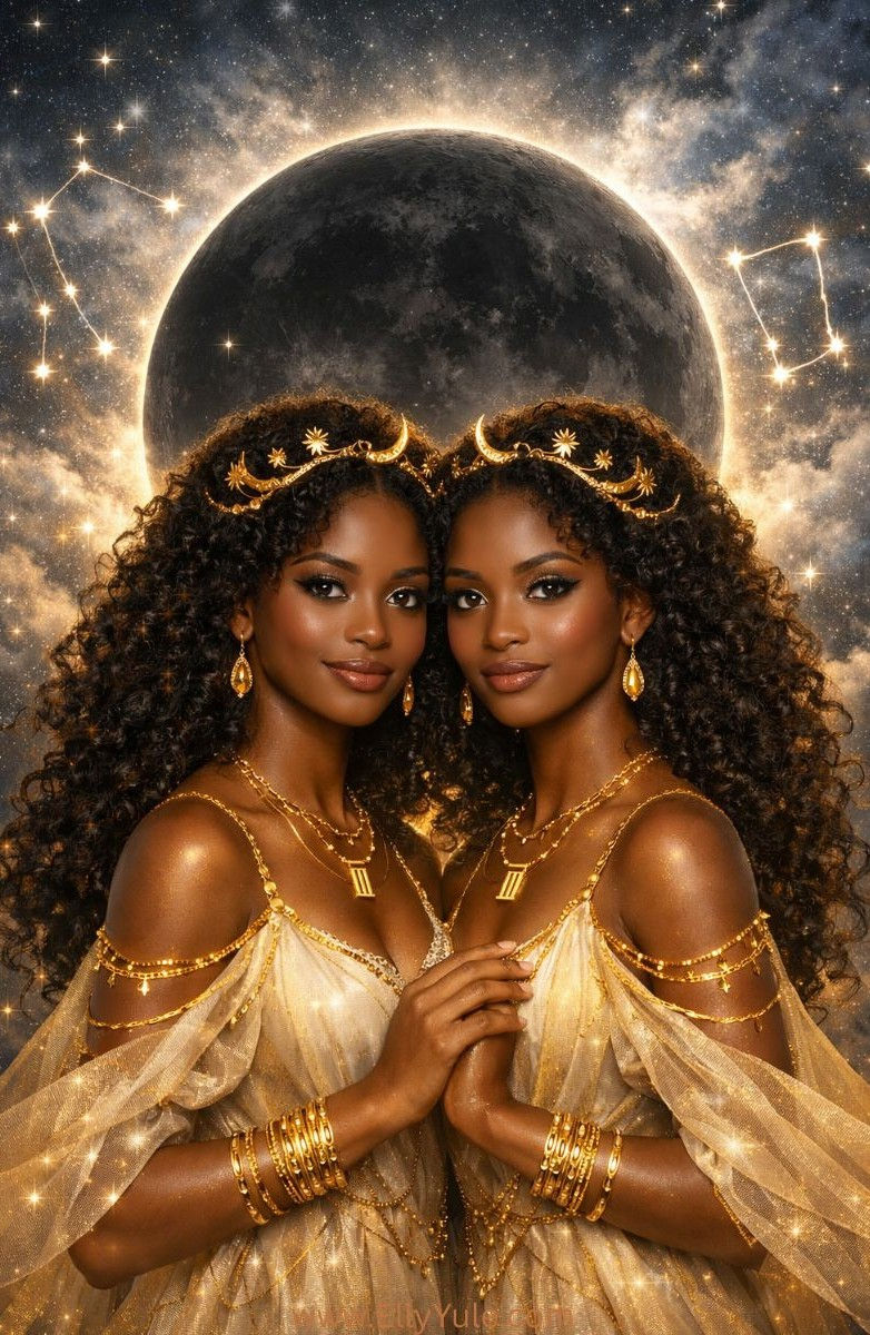 Gemini Goddess twins radiate light with the dark moon behind them