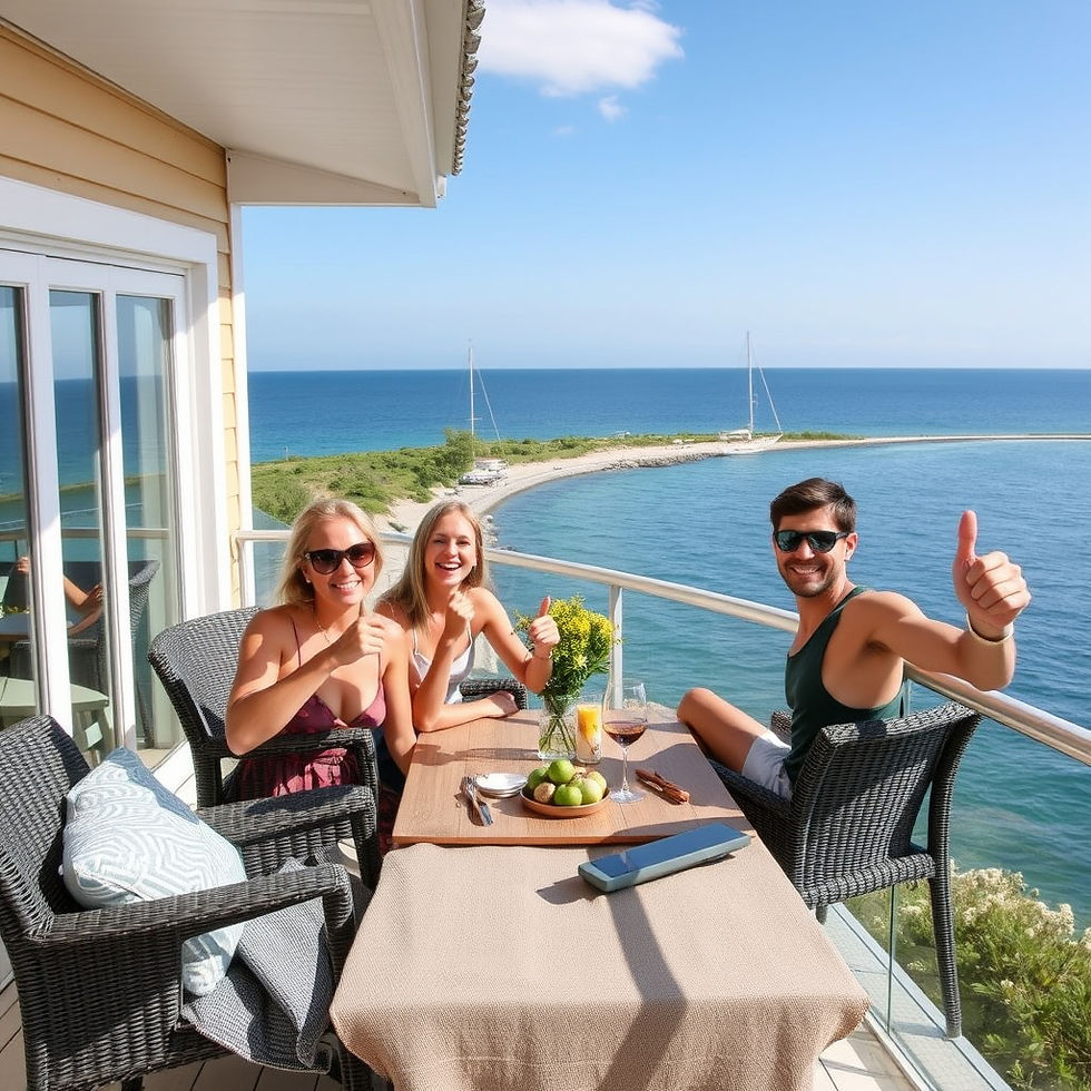 Bild mit einem wunderschönen Ferienhaus am Mittelmeer im Süden und Menschen mit glückliche