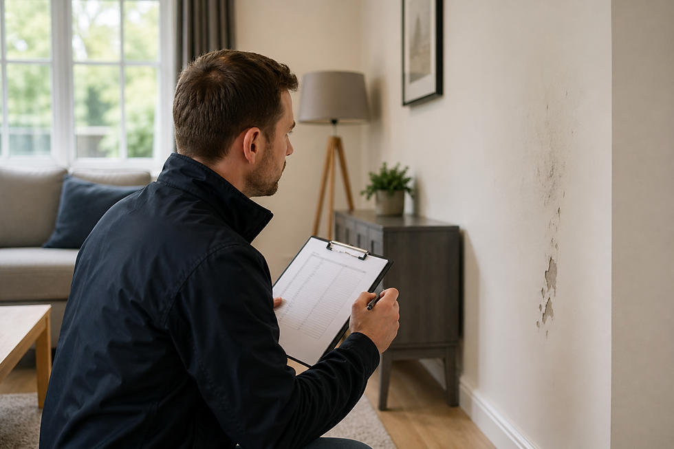 Property surveyor inspecting damp and mould damage on interior wall