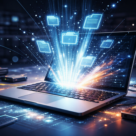 Futuristic laptop transferring digital files and data streams