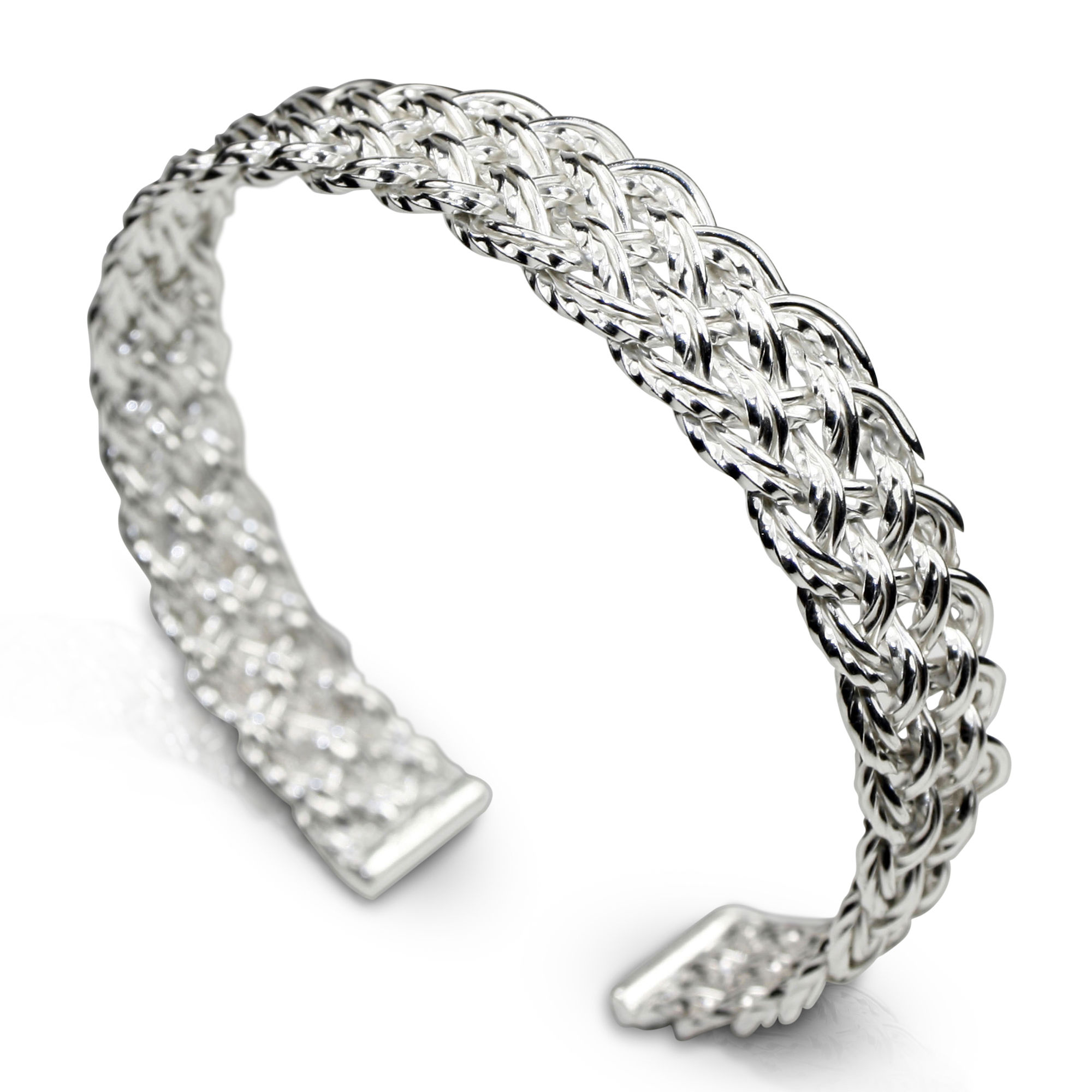 925 Sterling Silver Diagonal Basket Weave Open Cuff Bracelet