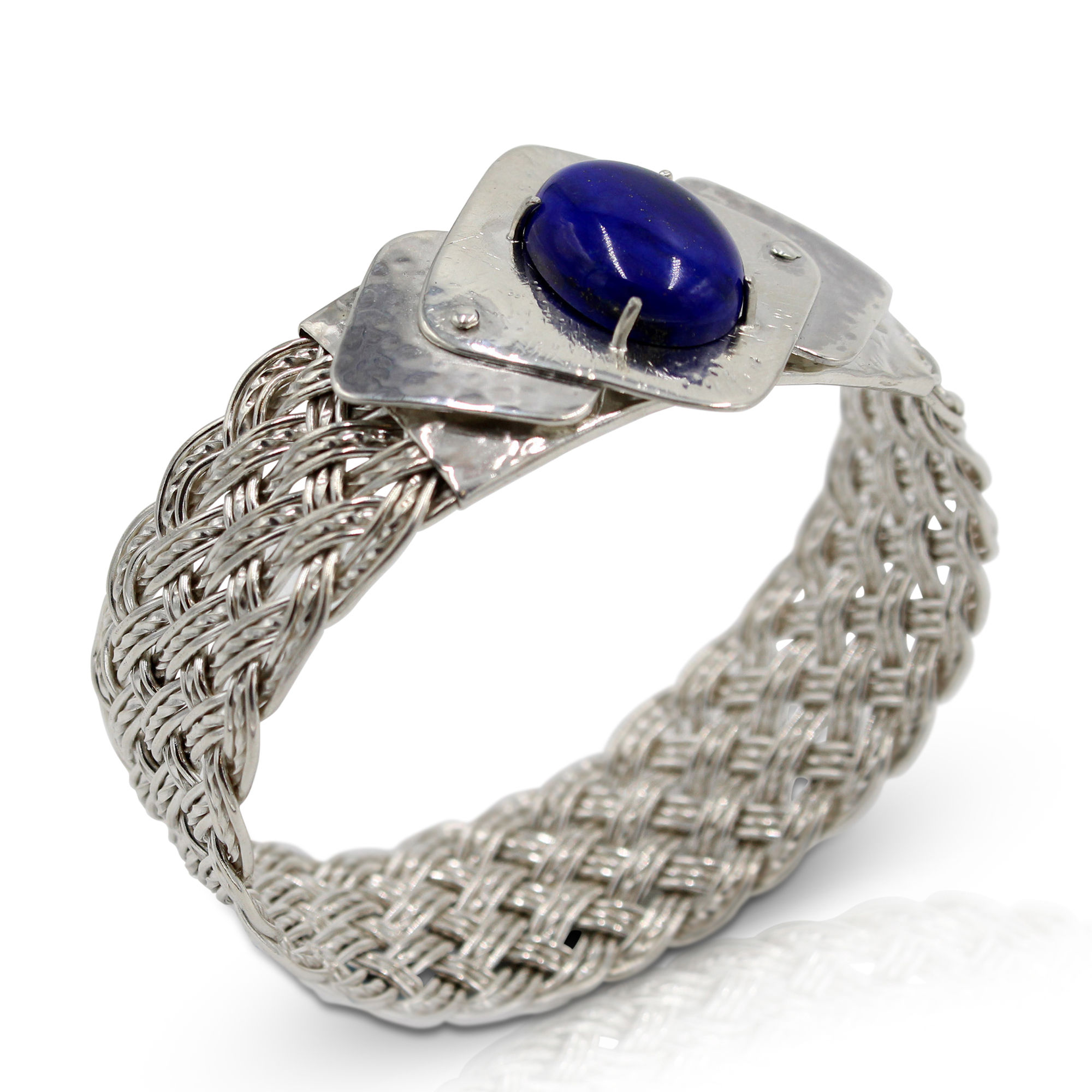 925 Sterling Silver Diagonal Basket Weave Wide Bangle with Lapis Lazuli