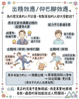 出糗效應 / 仰巴腳效應 (Pratfall Effect):為什麼完美的人反而不討喜,有點笨拙的人卻大受歡迎?