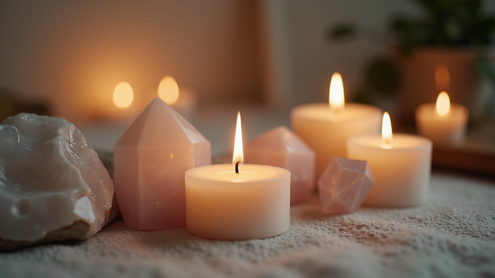 Close-up view of a calm meditation space with candles and crystals