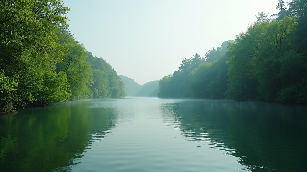 Wide-angle view of a serene lake surrounded by lush green trees
