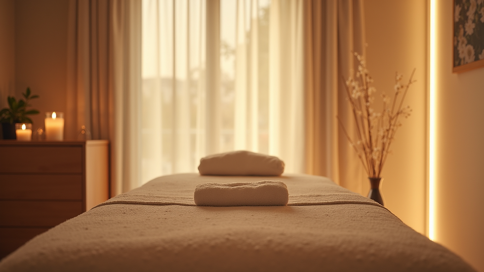 Eye-level view of a serene massage room with soft lighting and calming decor