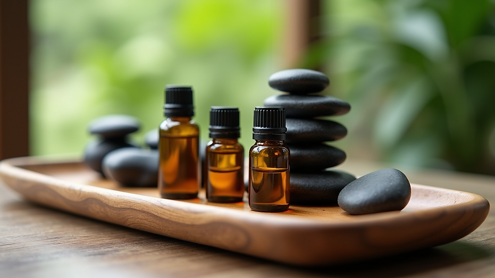 Close-up view of essential oils and massage stones arranged on a wooden tray