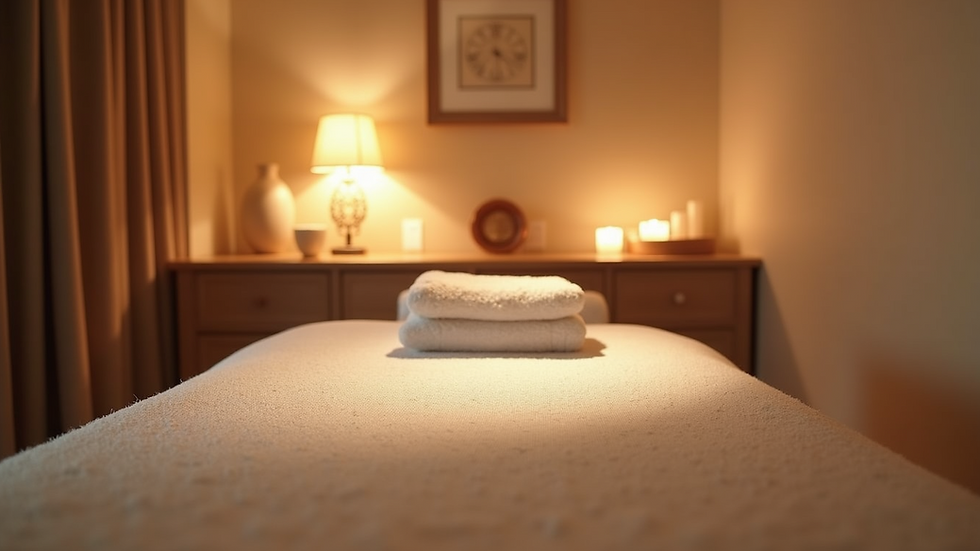 Eye-level view of a cozy massage room with soft lighting and calming decor
