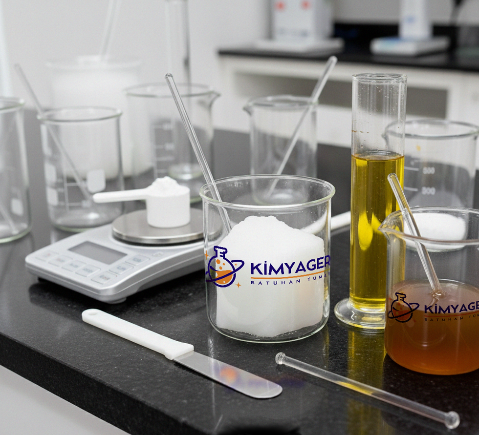 Çeşitli emülgatörler ile yapılan HLB denemesi. Soldan sağa Turcolive Q95, Olivem 1000, Turcolive A20, Lesitin ve Krem Bazı, 2025.