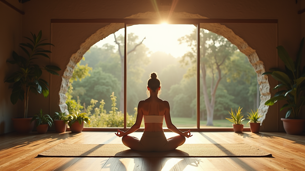 Eye-level view of a serene yoga space surrounded by nature