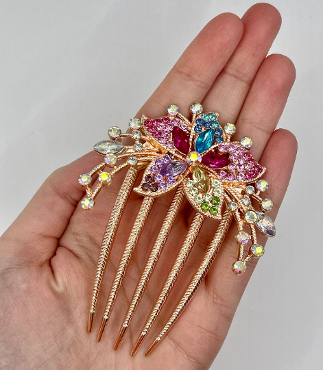 Thumbnail: Vintage Rhinestone and Flower Bun Hair Comb