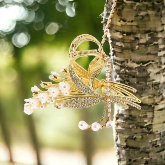 Lily Flowers with Faux Pearl & Rhinestone Hair Claw Clip