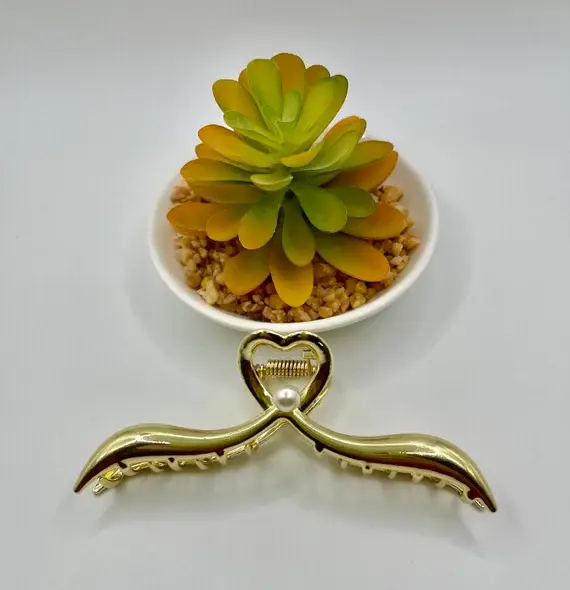 Thumbnail: Heart with Faux Pearl Metal Hair Claw Clip