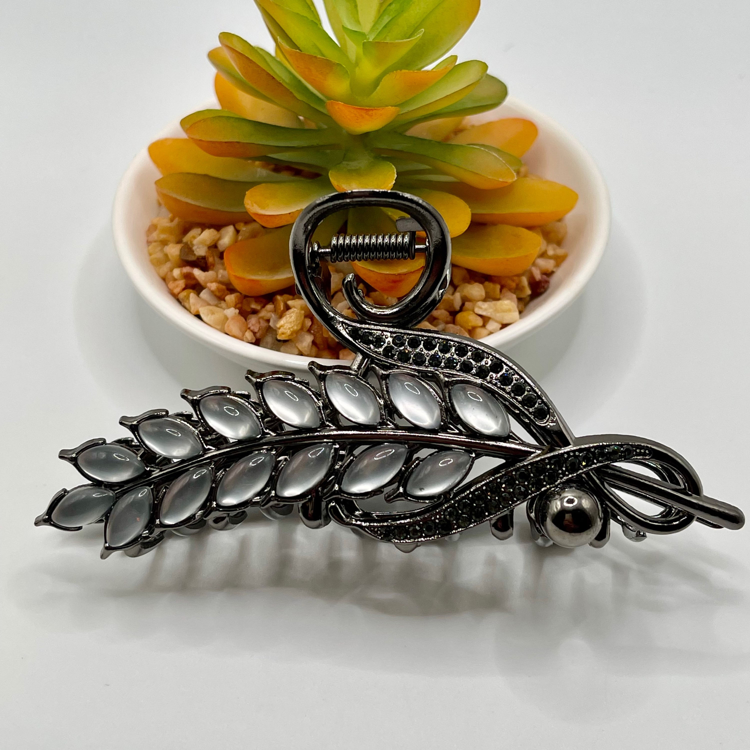 Gun Metal Rhinestone & Pearls Feather Hair Claw Clip