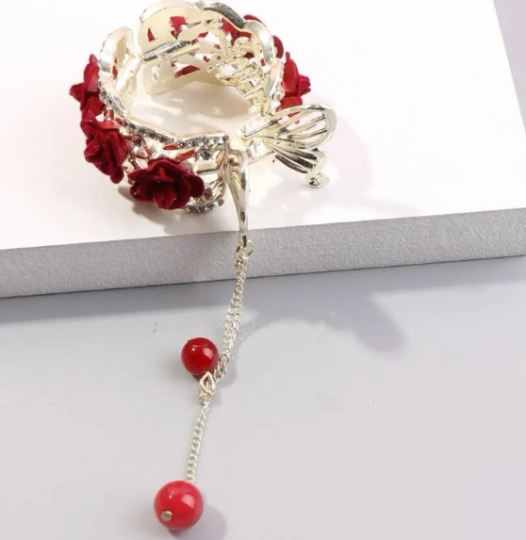 Thumbnail: Vintage Beauty and the Beast-inspired Ponytail Hair Clips: Gold metal, rhinestones, red roses, and tassels or faux pearls