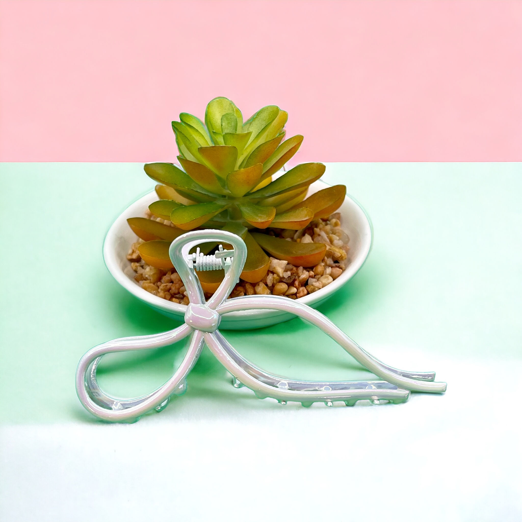 Iridescent White Bow Hair Claw Clip