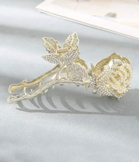 Thumbnail: Rhinestone & Faux Pearl Rose Hair Claw Clip