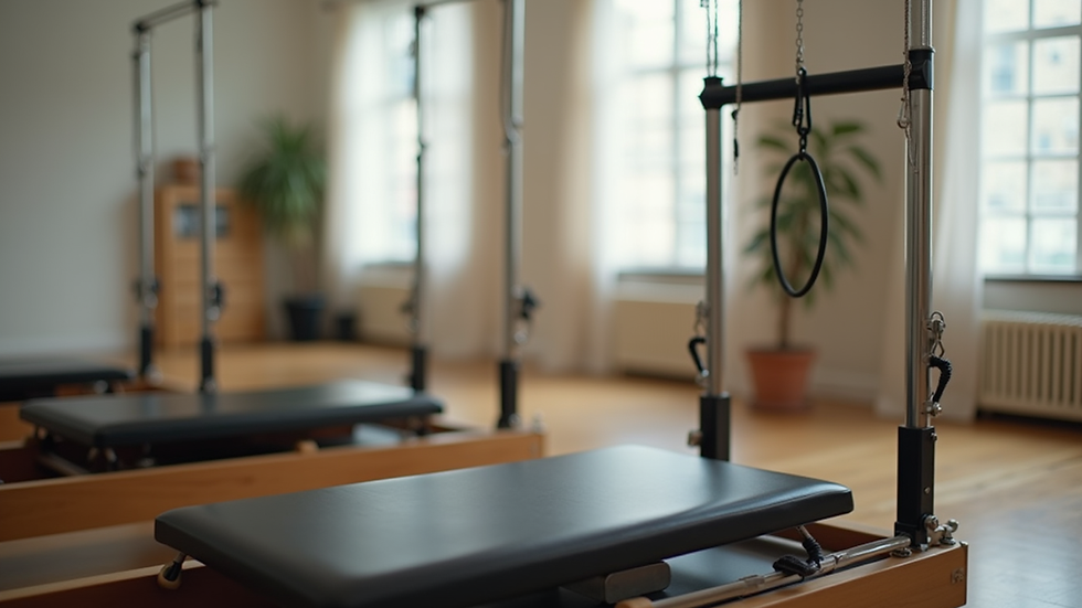 Close-up view of a Pilates reformer machine in a studio