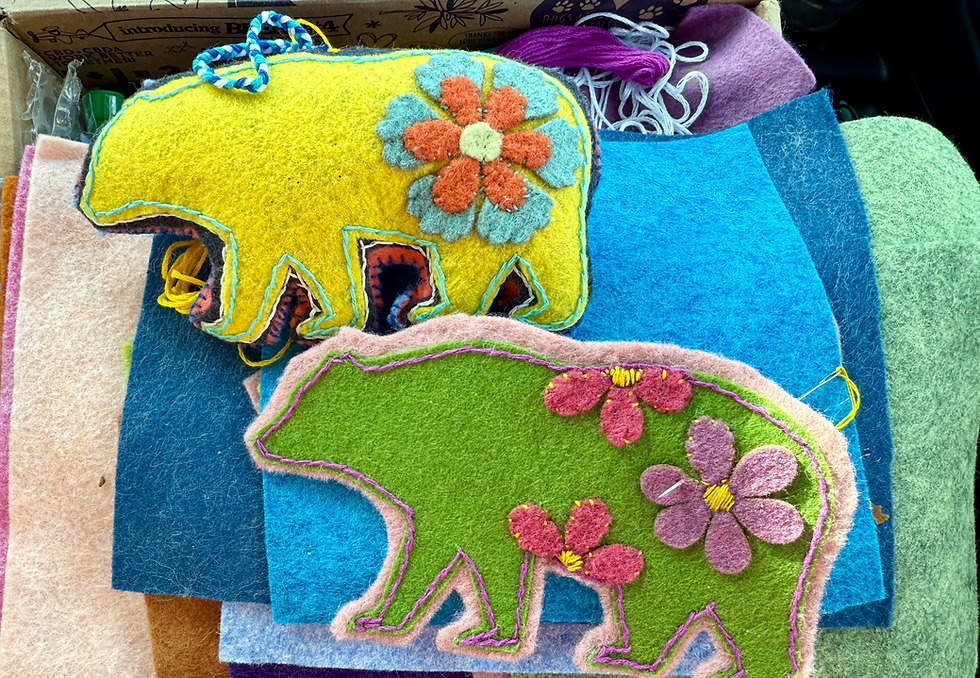 Colorful felt animal-shaped craft pieces with embroidered flowers and yarn in a box, with partial text reading Introducing B...