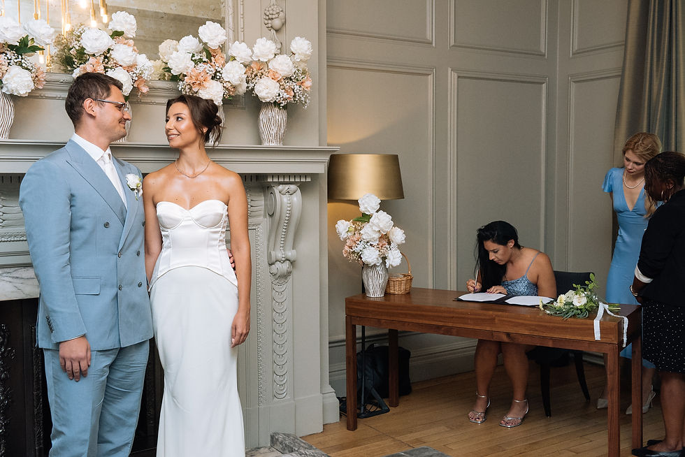 Bride and groom during an intimate London wedding ceremony at old marylebone town hall