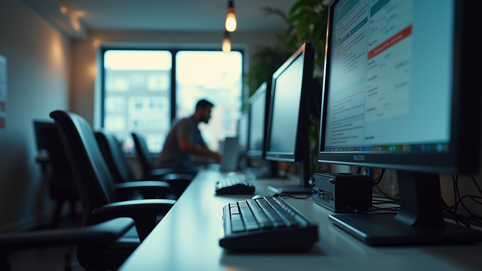 Eye-level view of a small business office with computers and networking equipment