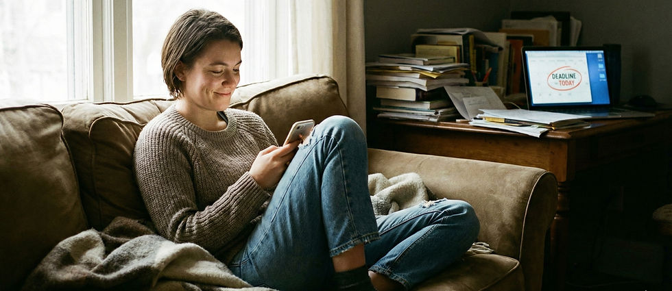 Persona distrayéndose con el celular para evitar la ansiedad de las tareas pendientes en el fondo, ilustrando la procrastinación como regulación emocional.