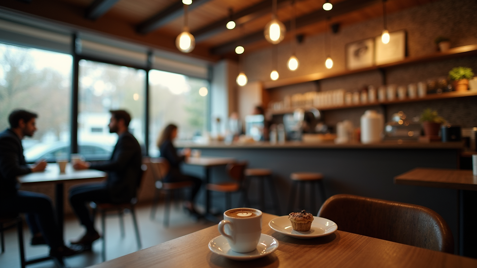 Eye-level view of a cozy coffee shop interior with people engaged in conversation