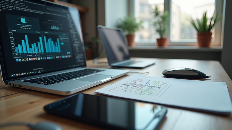Close-up view of a digital workspace with multiple devices and brand materials
