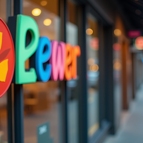 A storefront sign showing a clear brand identity with logo and colors